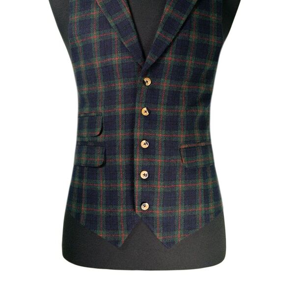Mens 42R Wool Vest Navy Green Red Tartan Plaid Waistcoat Formal Wedding Party - Picture 5 of 10